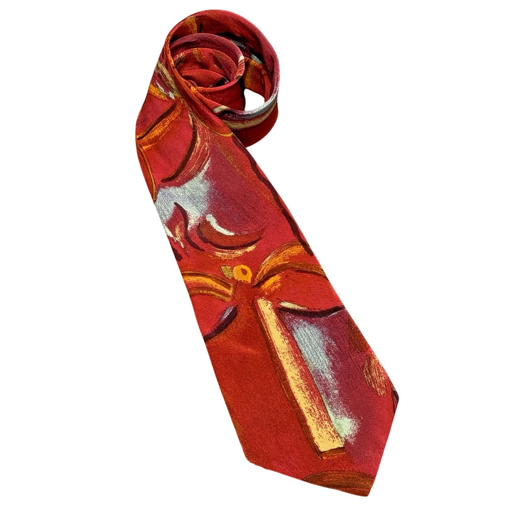 Bill Robinson Silk Necktie Mens OS Red Abstract Painterly‎ Artistic 90s Designer